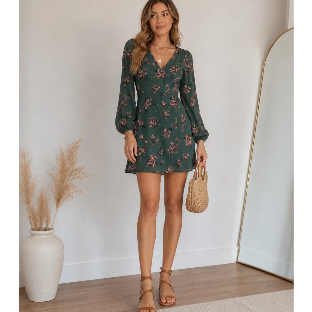 Madewell Green Red Floral Mini Dress Womens 0 Long Sleeve Sheer Boho Fall Casual
